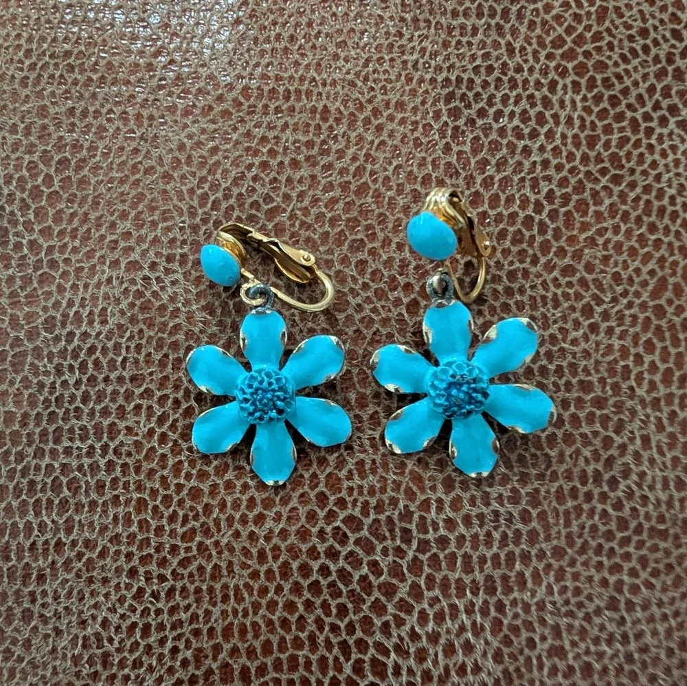 Vintage Weiss Turquoise Flower Drop Clip On Earrings - Picture 5 of 5